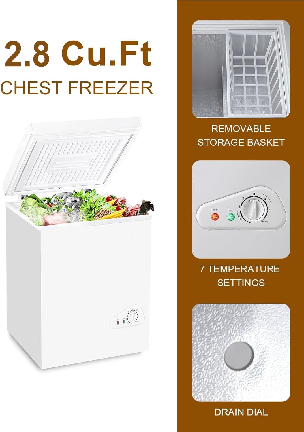 Kcpolre 2.8 Cu.ft Chest Freezer, Compact Deep Freezer with Top Mini 7 Gears Temperature Control Open Door and Removable Storage Basket, White