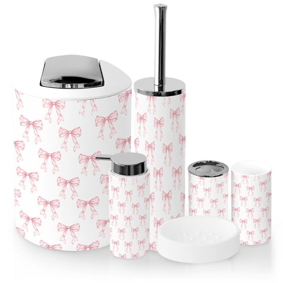 Bathroom Accessory Set 6 Piece with pink ribbon bow cute coquette white Toothbrush Holder, Soap Dispenser, Soap Dish, Trash Can with Lid, Toothbrush Cup, Toilet Brush Holde