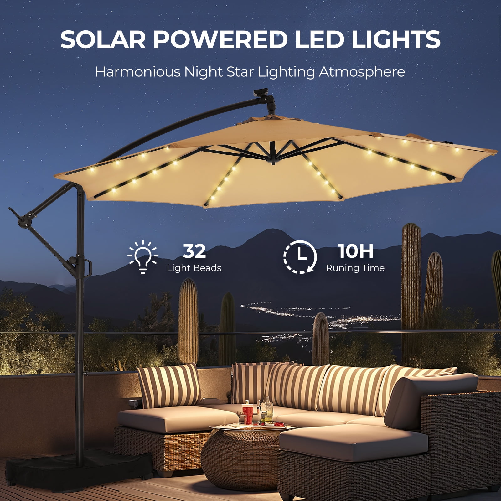 Patbrela 10ft Offset Hanging Patio Umbrella with 32 LED Lights and Easy Tilt Adjustment, Market Outdoor Umbrella Shade for Backyard, Poolside, Beach and Garden, Beige
