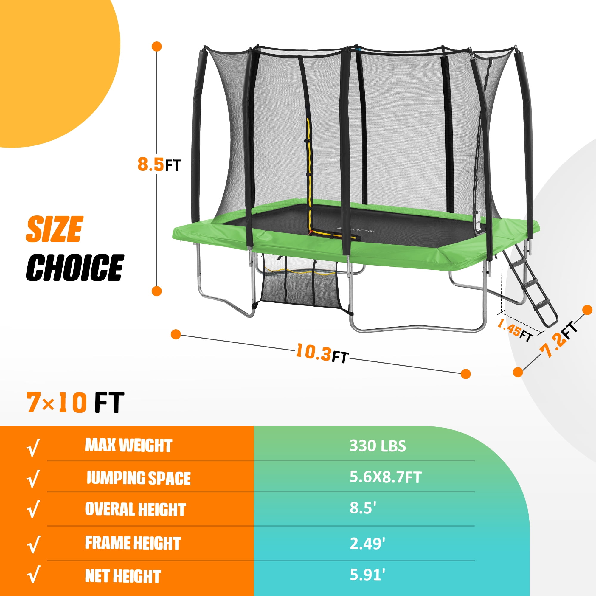 Exacme 7 x 10 FT Outdoor Rectangle Trampoline for Kids, 330lb Capacity Recreational Trampolione with 4 Wind Stakes, Storage Bag, Ladder(Green)