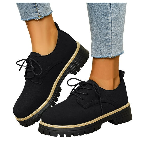 Rokment Platform Mary Jane Ankle Boots for Women Fall Winter Fashion Casual Suede Lace up Chunky Mid Heel Lug Sole Oxfords Penny Loafers Combat Booties Black Size 6