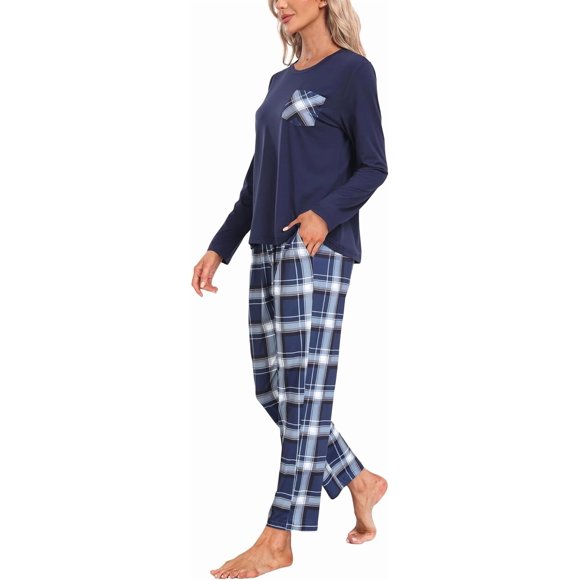 MoFiz Women's Pajamas Set Soft Plaid Pants & Long Sleeve Tops 2 Piece Sleep Loungewear Sets Cozy Pjs for Women with Pockets