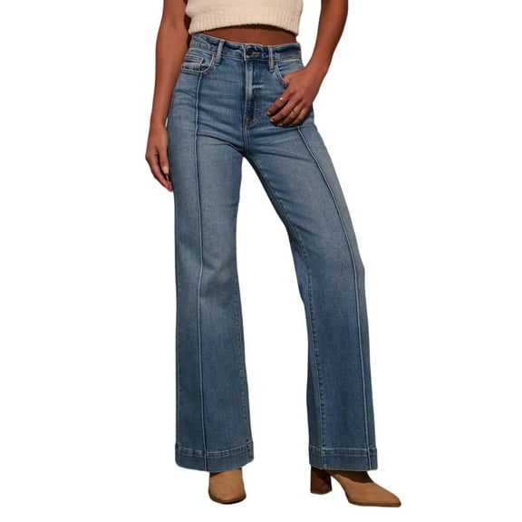 Lodgix 2025 Women High Waist Front Seamed High Rise Wide-Leg Jeans Straight Leg Loose Washed Long Jeans Pants Trousers Royal Blue L