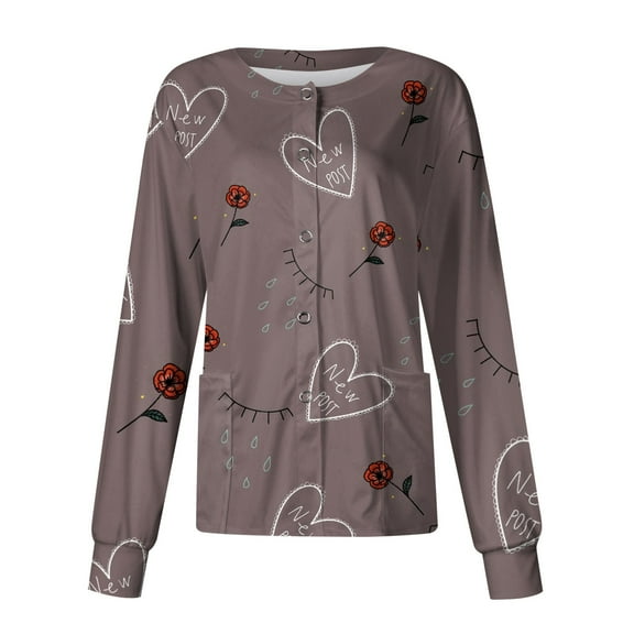 Women Valentines Day Scrub Jackets Plus Size Hoilday Long Sleeve Cute Love Hearts Graphic Scrubs Loose Button Snap Front Scrub Tops Nursing Uniform Medical Nurse Workwear with Pockets Purple L