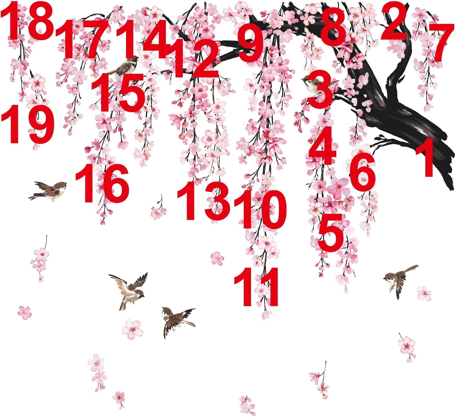 Large Flower Tree Branch Wall Stickers Flower Wall Stickers plant wall decal Pink Cherry Blossom Floral Birds Wall Art Decals Peel and Stick Removable Wall Stickers for Living Room Bedroom TV Wall