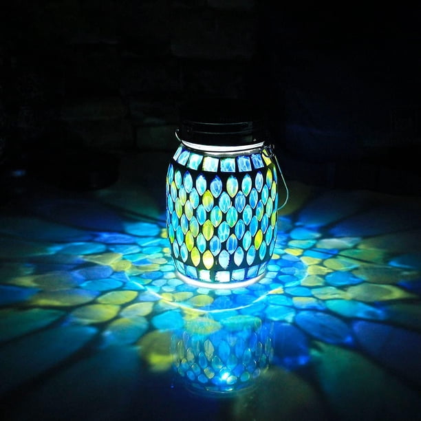 Linternas solares de mosaico Luces colgantes para exteriores, lámparas de mesa con energía solar y luces de vidrio de mosaico en color azul frío, luz nocturna solar impermeable para exteriores