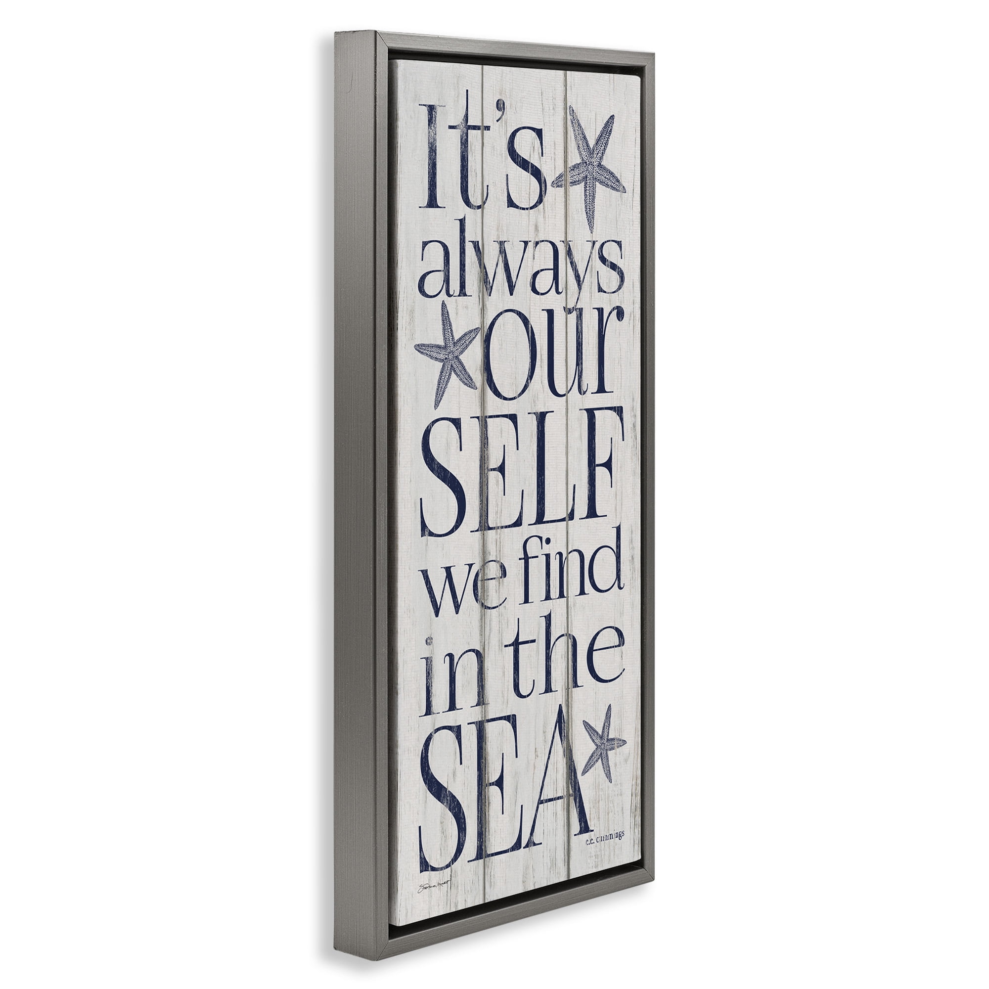 Stupell Industries Find Self In Sea Phrase Inspirational Painting Gray Floater Framed Canvas Art Print Wall Art, 11 x 25