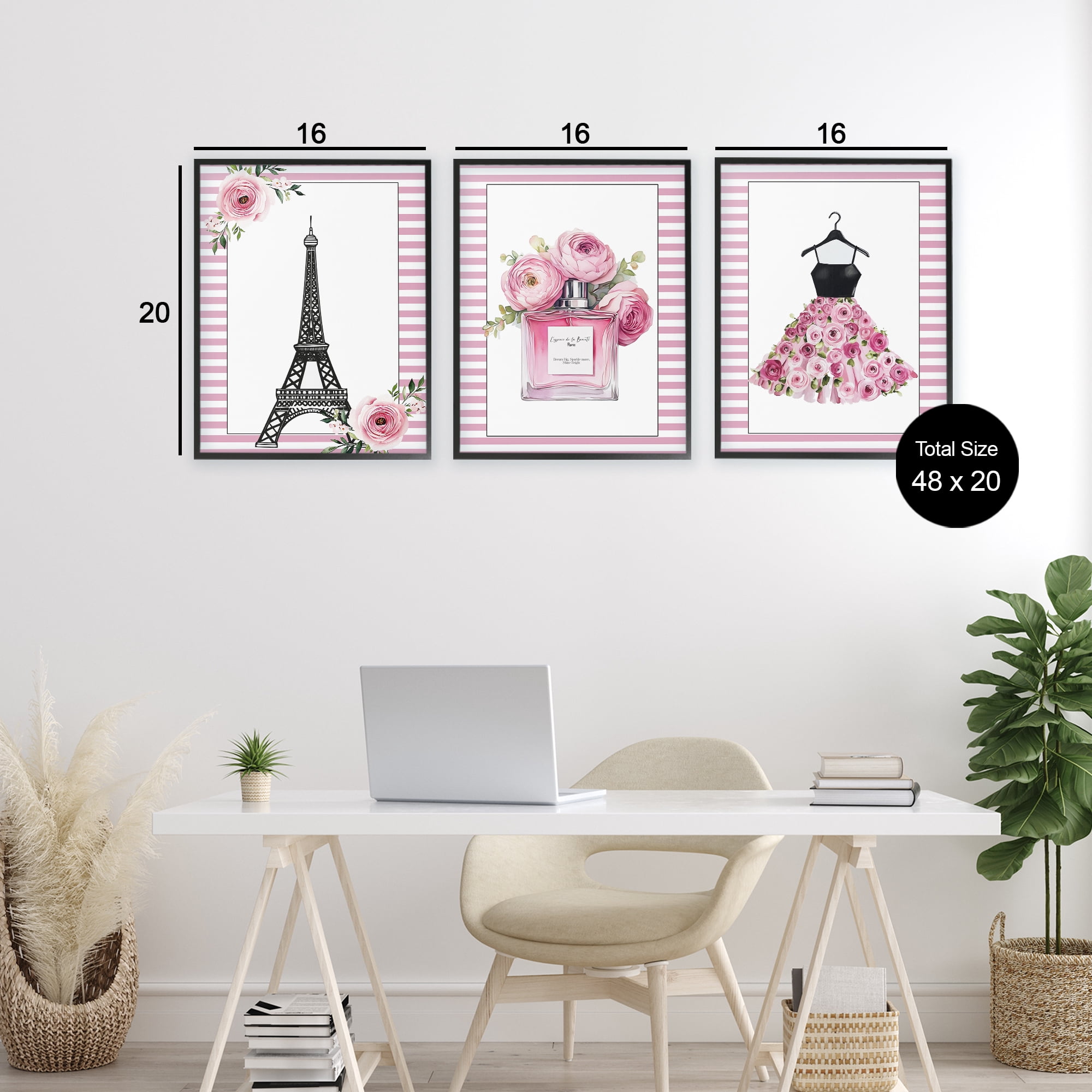 Parisian Glam with Stripes 3 Piece Black Framed Giclee Art Set, design by Christine Simpson Art