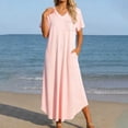 thumbnail image 2 of DHFJKG Summer Dresses For Women Long Dress Short Sleeve V Neck Flowy A Line Solid Color Comfortable Curved Hem Tunic Beach Vacation Clothes Stylish Dresses, 2 of 8