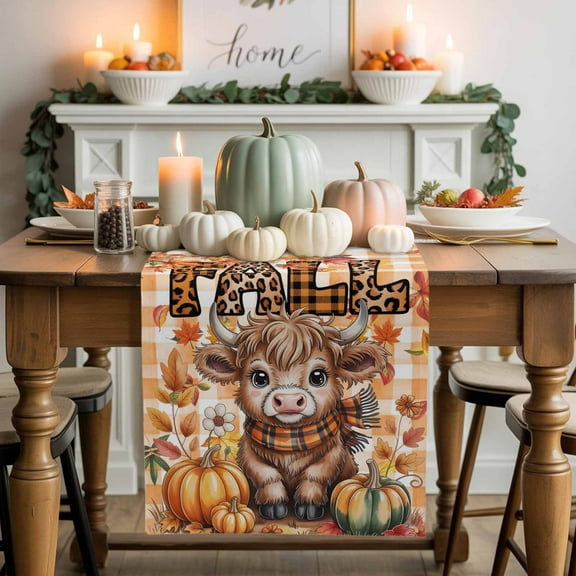 Thanksgiving Highland Cow Cotton Linen Table Runner, Washable Table Runners for Kitchen, Dining Room, Holiday, Home Party Table Decor, 13x36 Inches