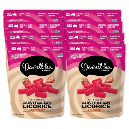 Darrell Lea Soft Australian Licorice, Non-GMO, No Palm Oil, Plant Based, No High Fructose Corn Syrup, Soft & Chewy, Made in Australia, Strawberry, 7 OZ (Pack of 8)