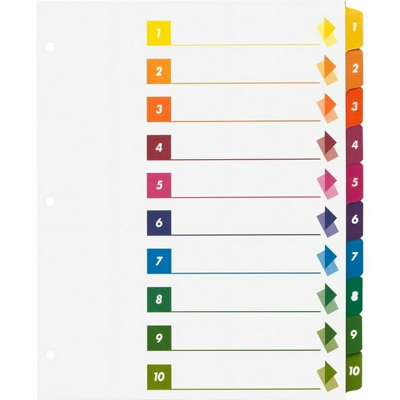 Business Source Color-coded Table of Contents/Tabs Index Dividers - Printed Tab(s) - Digit - 1-10 - 10 Tab(s)/Set - 3 Hole Punched - Multicolor Divide | Bundle of 2 Boxes