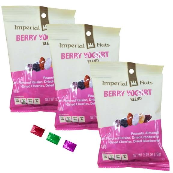 Imperial Nuts Berry Yogurt Blend 3 Packs Healthy Trail Mix with Peanuts Almonds Raisins Cranberries Cherries Blueberries Kosher Snack Lunch, 2.75 Oz Individual Pack w/ Snoep in Beperkte Oplage