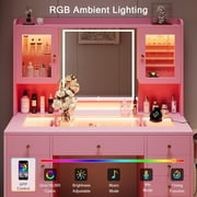 iPormis Vanity Desk with Mirror and Lights, Glass Top Makeup Vanity with RGB Light and Charging Station for Girls ,Pink