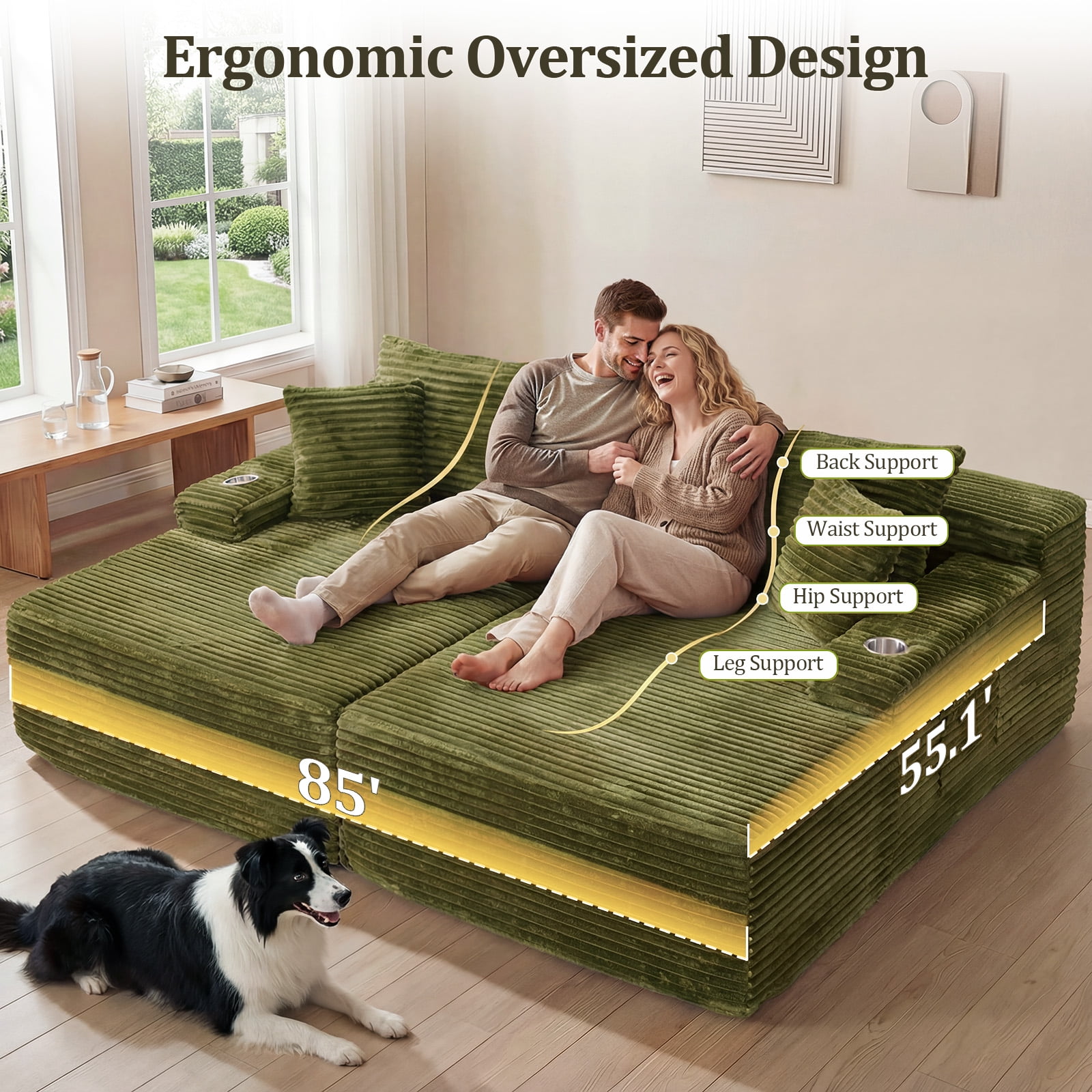 IPKIG Green Corduroy 85" Double Chaise Sofa Bed, No-Assembly-Required Oversized Loveseat with Boneless Cloud Sleeper Design
