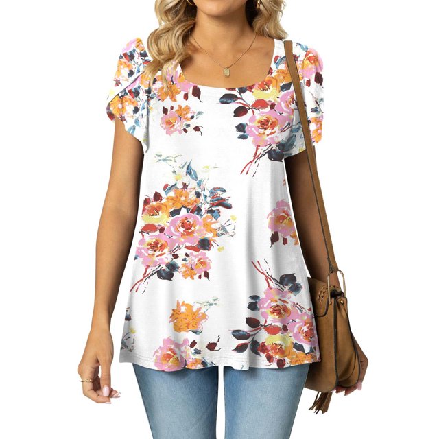 SMihono Hauts pour Femmes Été Mode Décontractée Col Montant Imprimé Pétale Manches Courtes - T-Shirts Grande Taille