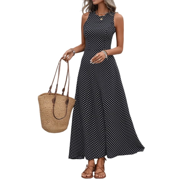 Womens Tie Backless Polka Dot Elegant Sleeveless Maxi Dress for Summer Vacation Beach Wear Black L