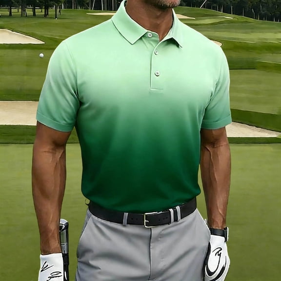 Caywon Men's Gradient Print Short Sleeve Button Collar Golf Shirt Ombre Fade Quick Dry Athletic Sport Summer Tee Shirt Camiseta de Golf