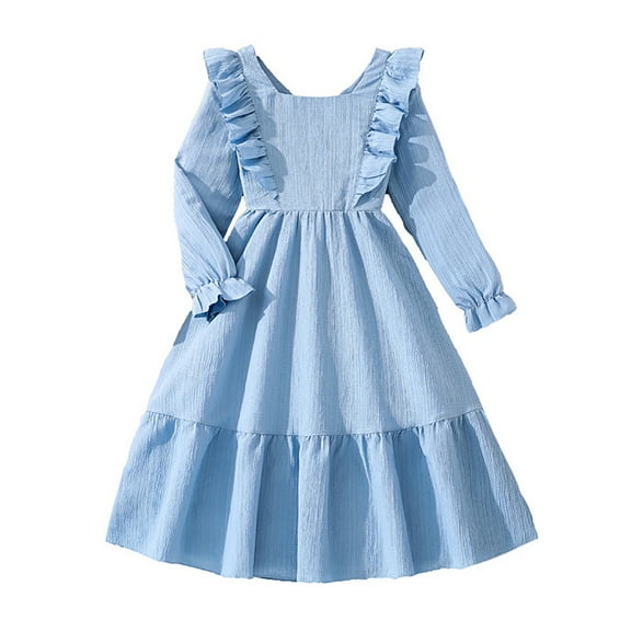 SGMVNU Girls' Long Sleeve Ruffle Dress Back Bowknot Dress Tiered Flowy Swing Dress Tween Spring Summer Fall Smocked Dress for Age 7-8 Years, Blue