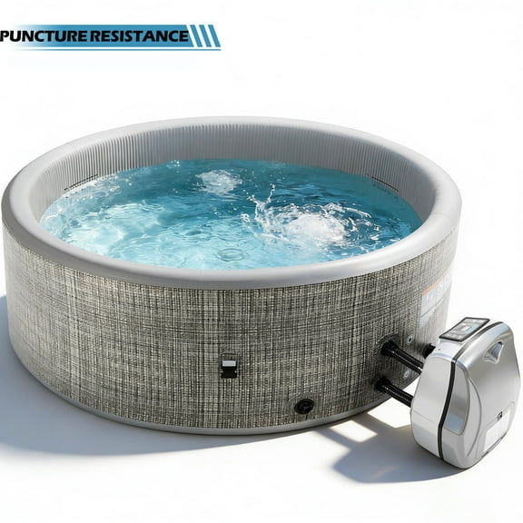 65'' Inflatable Hot Tub, Portable Round Hot Tub for 4-Person, Outdoor Home Spa for Patio Poolside, Ground Mat, 100pcs Bubble Jets, Filters, Integrated Pump, Resistant Drop Stitch PVC