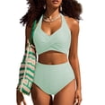 thumbnail image 4 of Women's High Waisted 2 Piece Bikini Sets Halter Swimsuits Striped Bathing Suit Beach Swimwear 2026 Green XL, 4 of 6