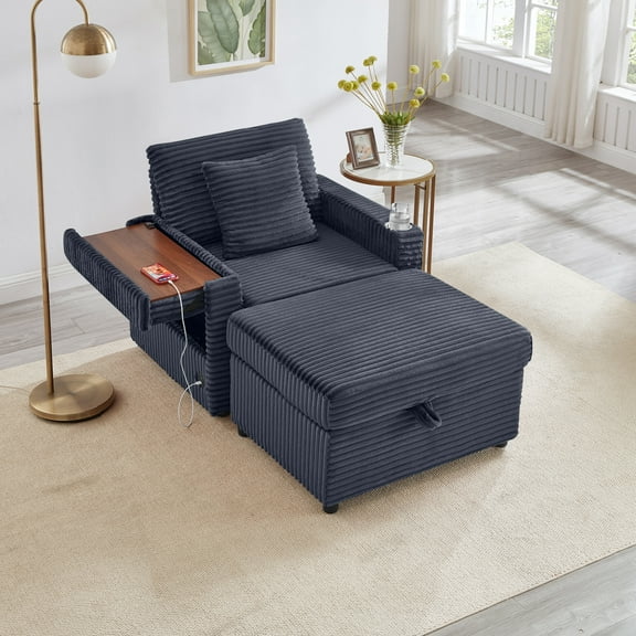 Oversized Chaise Lounge Chair Indoor, Comfy Corduroy Lounge Sofa, Cozy Sleeper Couch with Ottoman and Table Board, for Living Room Apartments, Dark Gray