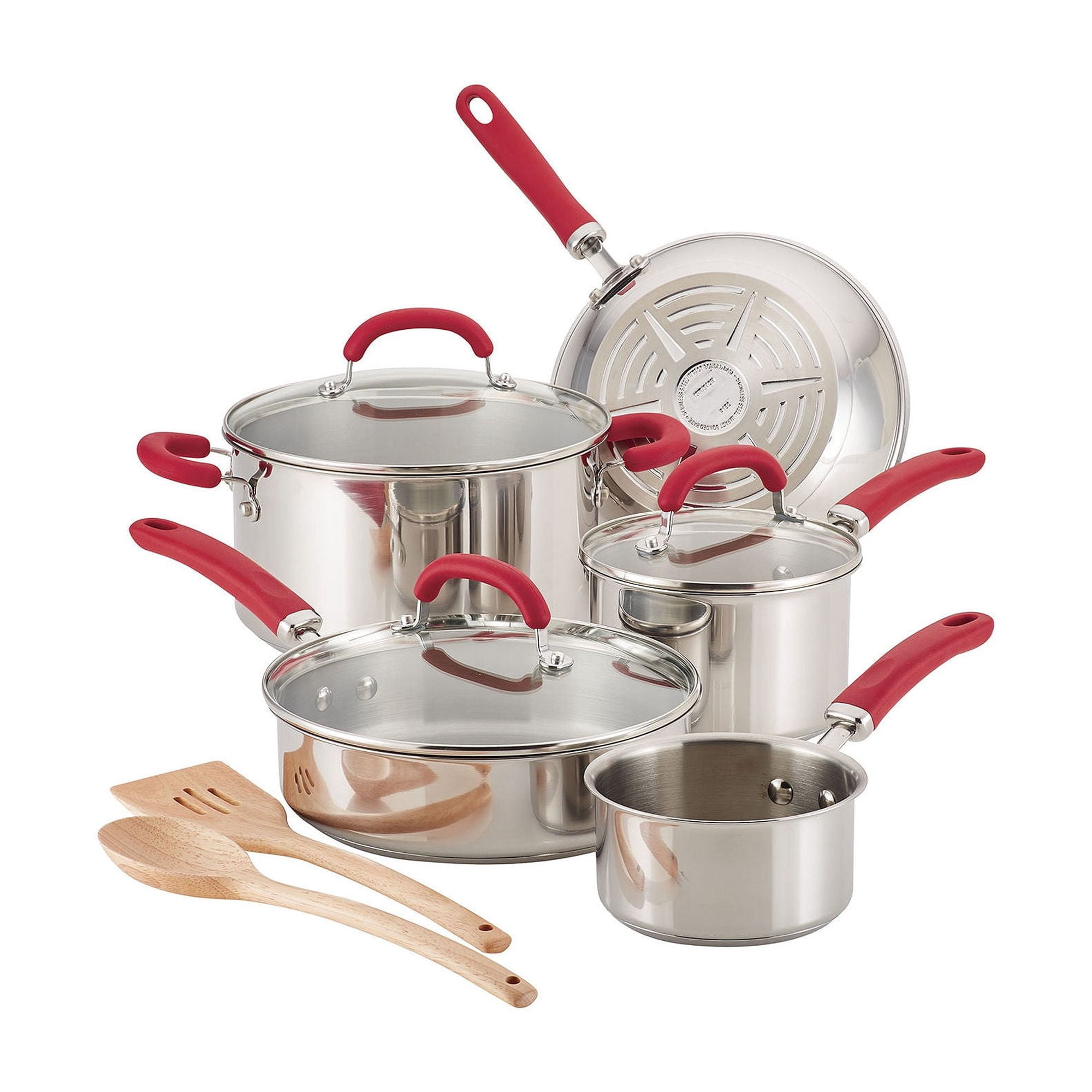Rachael Ray Create Delicious 10 Piece Stainless Steel Cookware Set, Red Handles