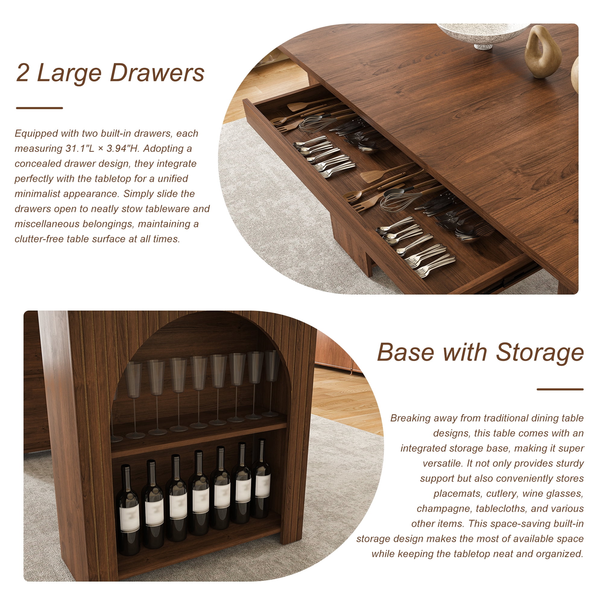 70.87in Dining Table with Drawers & Open Storage, for 4-6 People, MDF Walnut Finish, 3-Panel Wood Look Tabletop Modern Kitchen Table for Dining Room