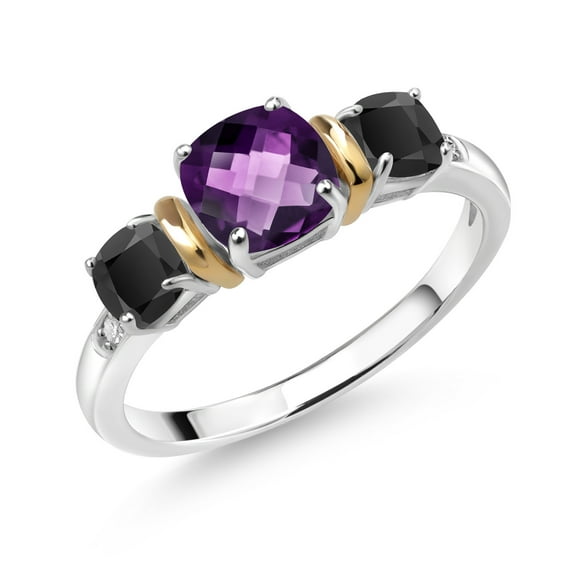 Gem Stone King 1.28 Ct Cushion Checkerboard Purple Amethyst Black Onyx 925 Silver and 10K Yellow Gold Ring (Size 8)