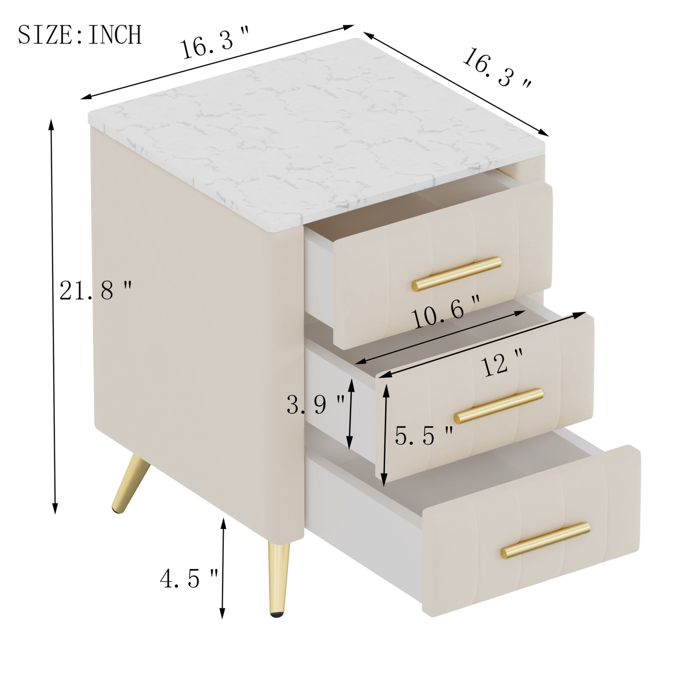 Noble House Upholstered Nightstand with 3 Drawers, Velvet Bedside Table with Metal Legs, Beige