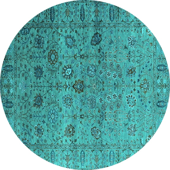 Ahgly Company Machine Washable Indoor Round Oriental Turquoise Blue Industrial Area Rugs, 3' Round