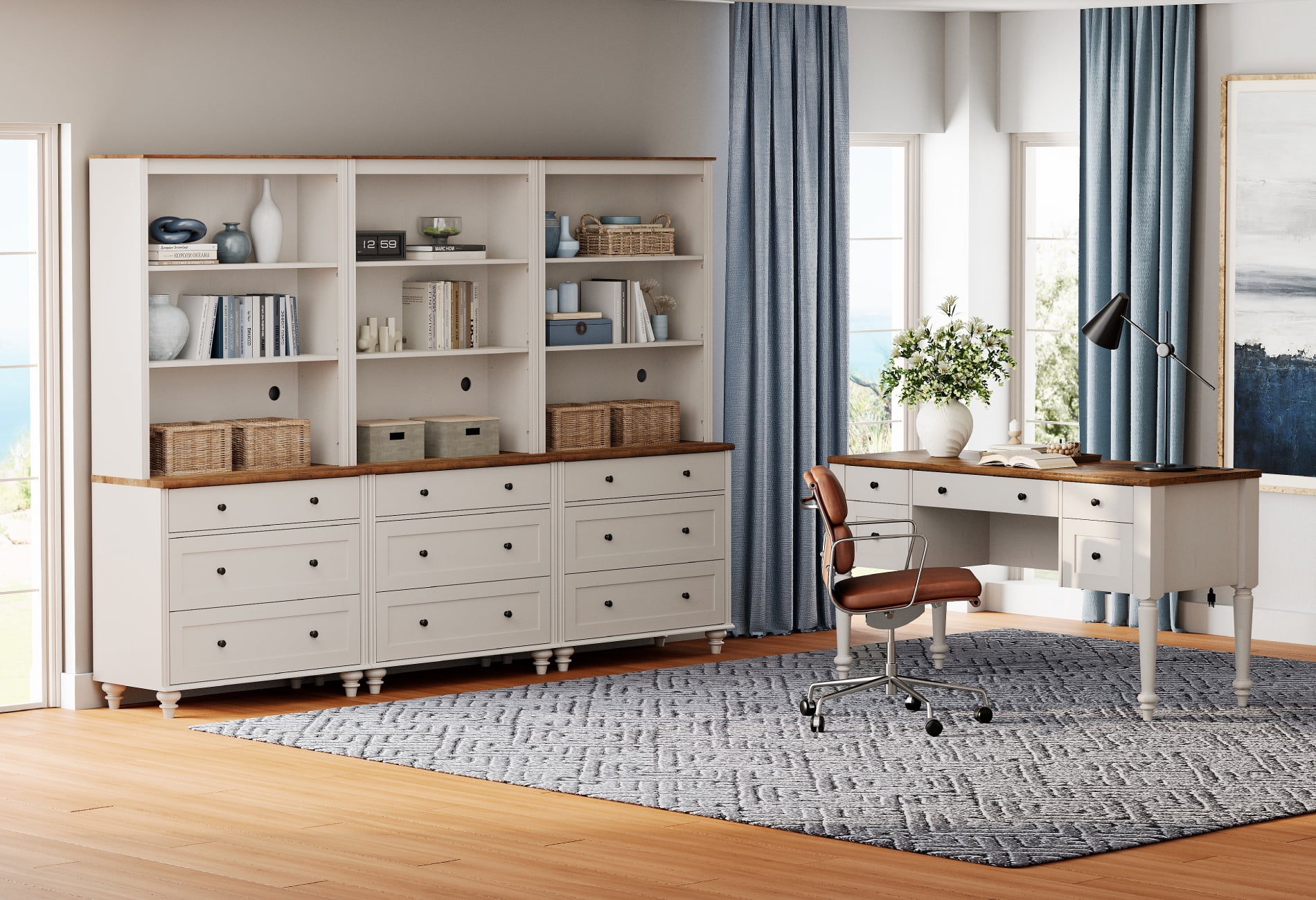2 Piece Office Set, 56" Executive Desk & Set Of 3 Bookcases With Drawers, White