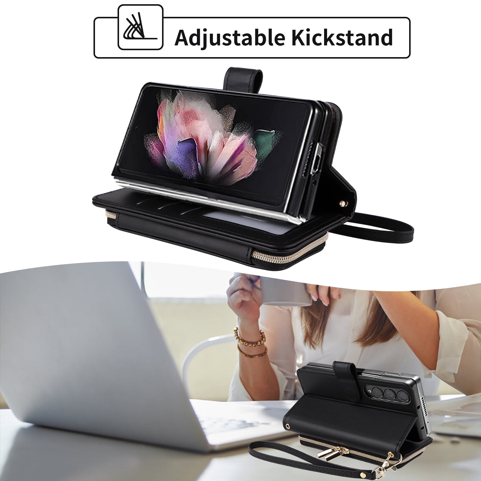 Furiet Wallet Case for Samsung Galaxy Z Fold 3 5G 2021 with Wrist Strap Crossbody Shoulder Strap, 9+ Card Slots Zipper Purse, Luxury PU Leather Stand Phone Cover for ZFold3 Z3 Fold3 3Z ZFold35G Black