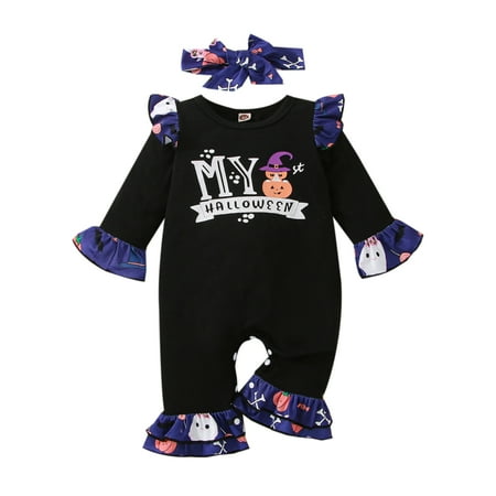 

KOMOO Baby Halloween Romper Set Bowknot Hairband Pumpkin Letter Print Ruffle Bell-Bottom Jumpsuit Outfits