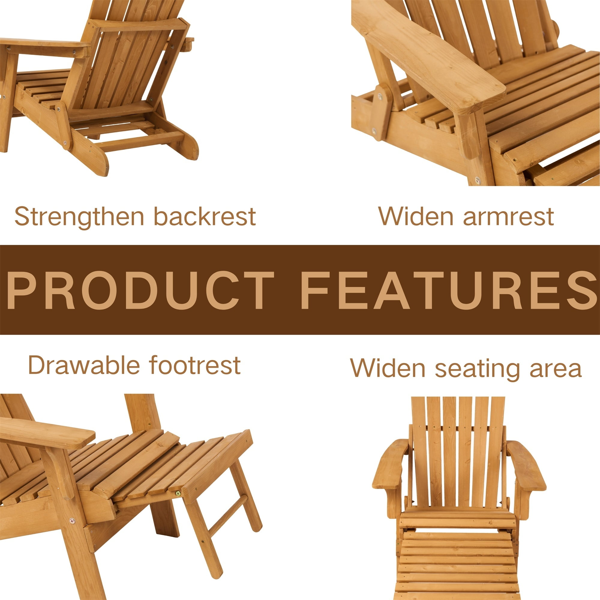 ALvantor Oversize Adirondack Chair with Footrest Outdoor Wood Folding Adirondack Chair with Pre-Assembled BackRest & SeatBoard for Patio Garden Backyard Brown
