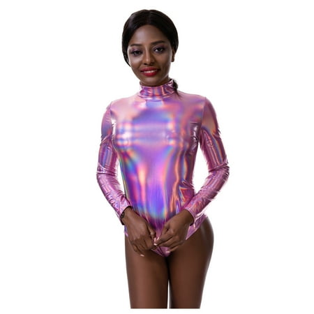 Women s Jumpsuit Metallic Hight Cut Colored Long Sleeve Zipper Leather Leotard Dance Shiny One Piece Bodysuit