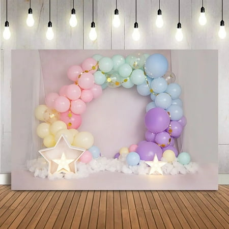 Image of Rainbow Wall Cake Smash Portrait Photography Backdrop Twinkle Twinkle Litter Stars Photo Background White Clouds Decorations