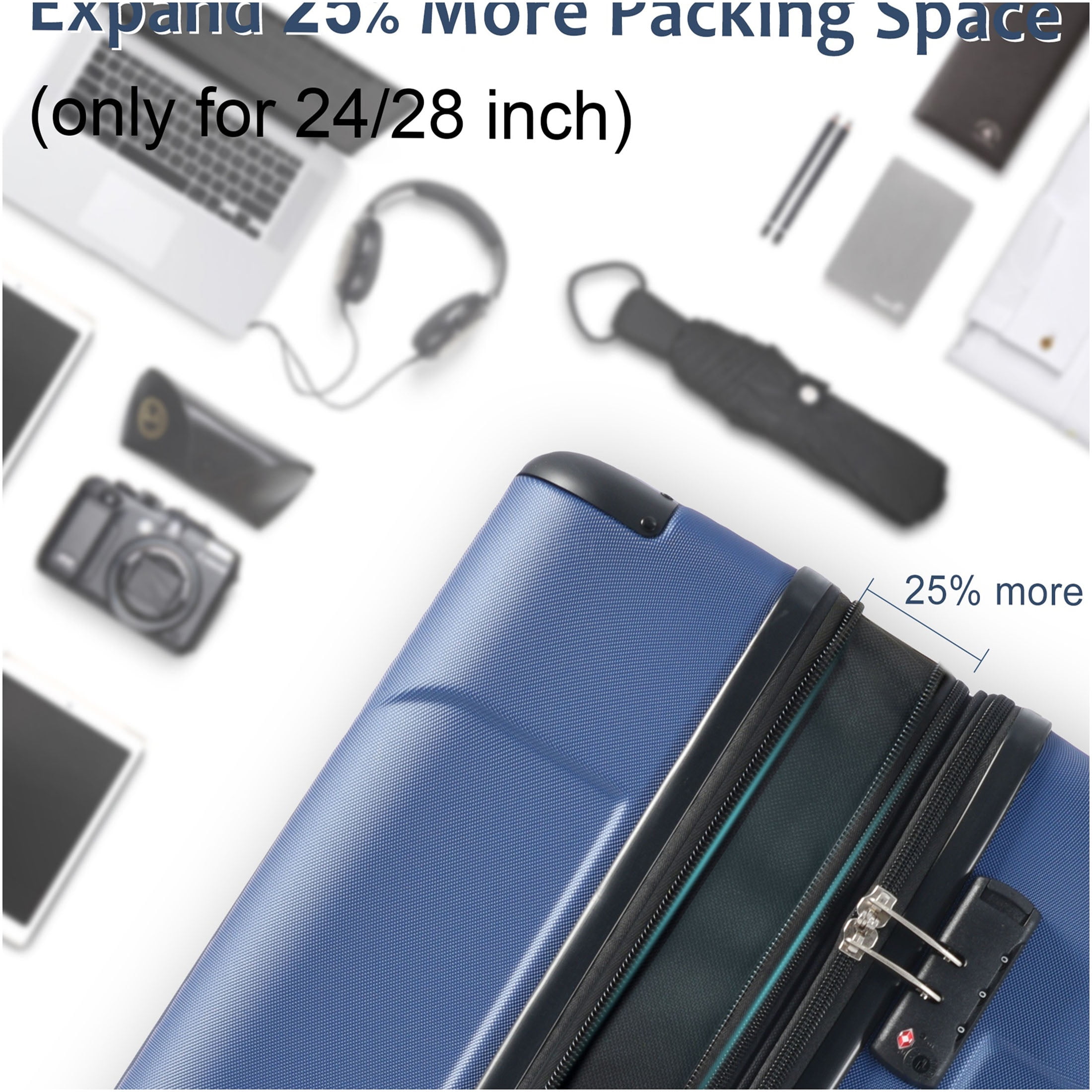 JERFIT 24" Expandable Hardshell Suitcase, Lightweight ABS Checked Luggage w/ 8 Spinner Wheels & TSA Lock, Blue