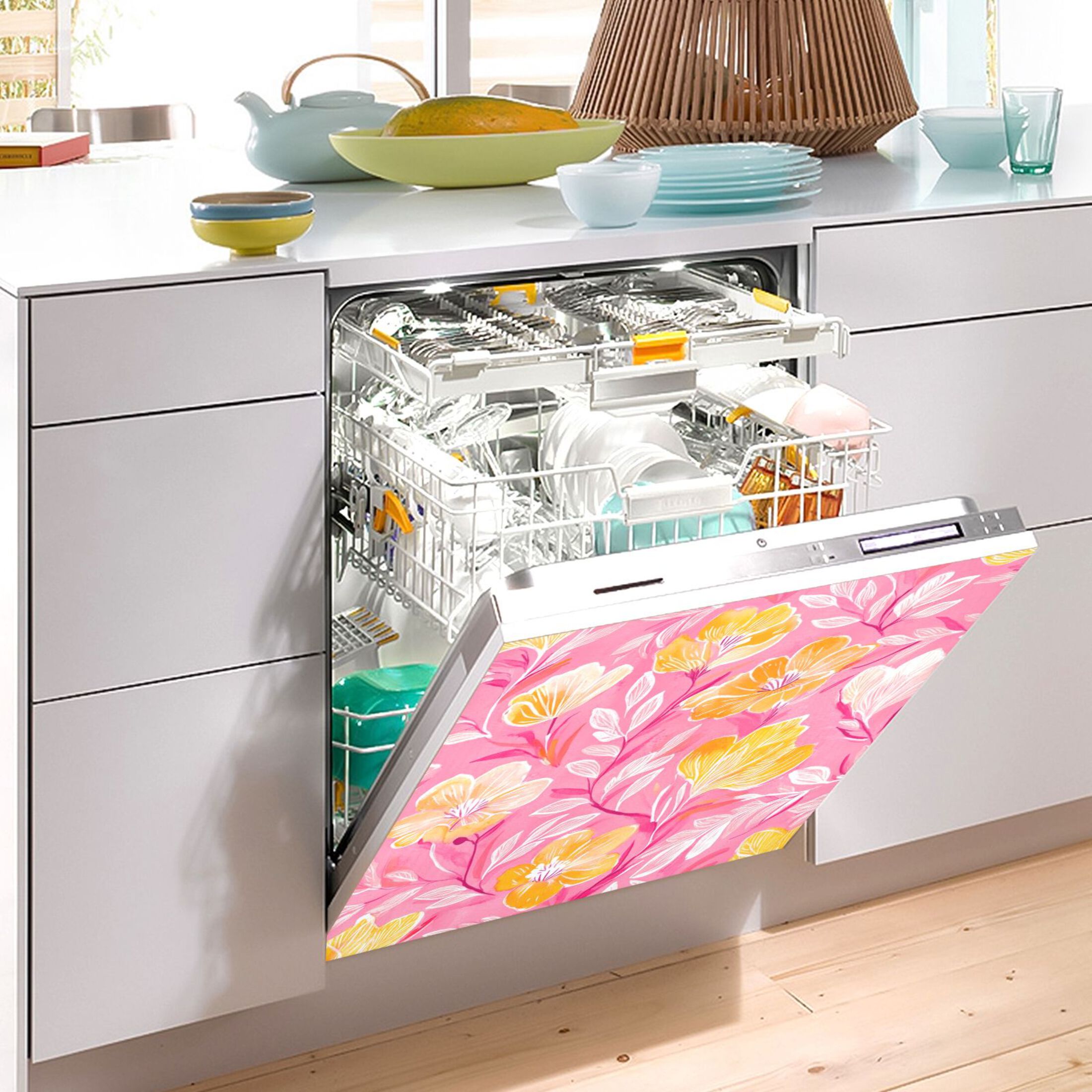 Dishwasher Magnetic Sticker 23x26 Inch Refrigerator Magnetic Sticker Washing Machine Magnetic Sticker Kitchen Panel Magnetic Sticker Home Decor Pink Yellow Flower