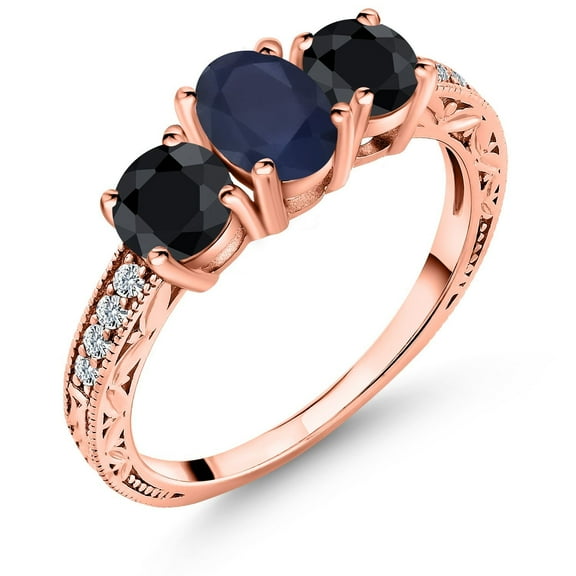 Gem Stone King 2.50 Ct Oval Blue Sapphire Black Sapphire 18K Rose Gold Plated Silver Ring (Size 6)