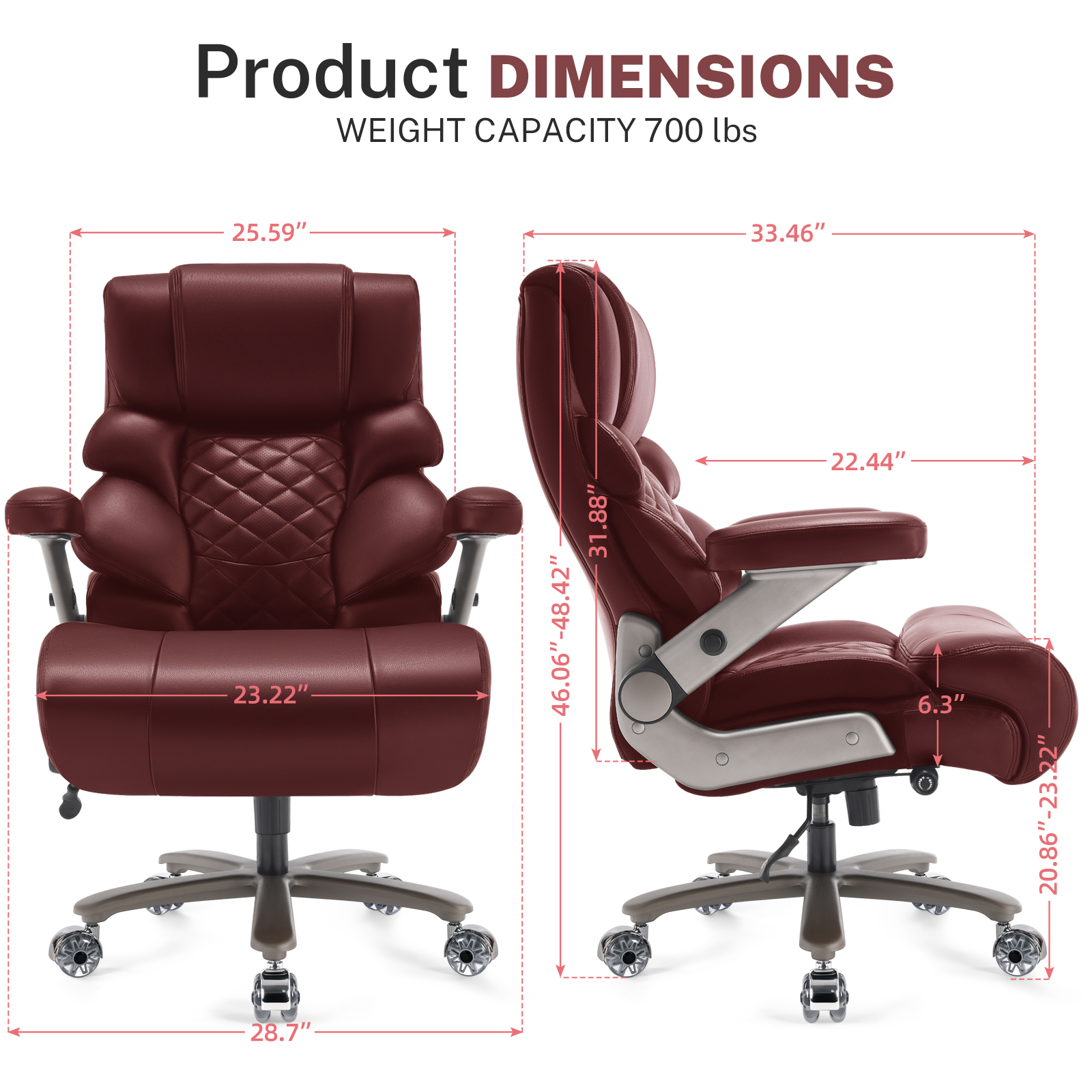 WOSDOM Big and Tall Office Chair 700lbs, Large High Back Executive Chair with Extra Wide Seat, Heavy Duty Rocking Computer Chair, 3D Flip Arms, Adjustable Lumbar Support, Burgendy