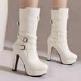 thumbnail image 2 of Womens Boots Mid Calf Thick-Soled Square Toe Ling Tall Boots with Belt Buckle Casual Warm Booties Solid Color Winter Shoes for Women White 5.5, 2 of 6
