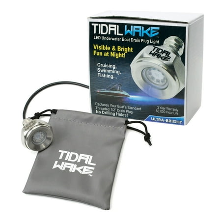 Tidal Wake IP68 Underwater 1/2inch Standard Boat Drain Plug LED Light Built-in Driver & Overheat Protection 3 Year/50,000hr Warranty, 316 Stainless Steel, 12-30v/27w