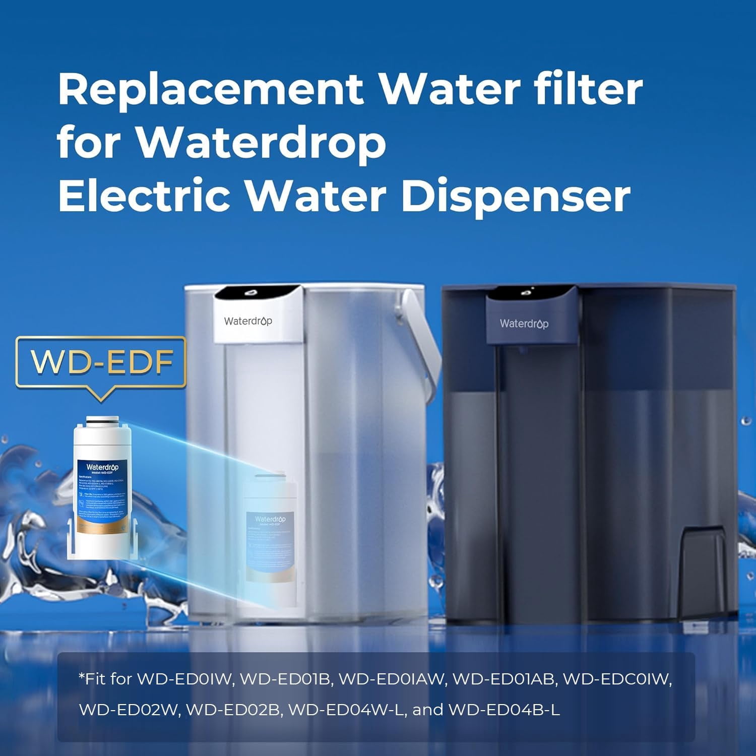 Waterdrop WD-EDF Replacement Filters for Waterdrop Electric Water Filter Pitcher WD-ED01/ED02/ED04, 3 Months or 200 Gallons, 2 Filters