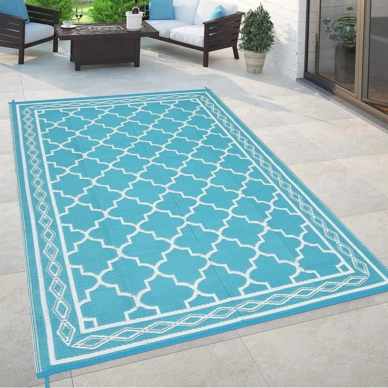 Outdoor Rug 5x8 Reversible Mats, Plastic Straw Rug, Large Floor Mat and Rug for Outdoors, Modern Area Rug, Patio, Backyard, Deck, Picnic, Beach, Trailer, Camping, Teal/White(Geometric)