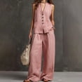 thumbnail image 2 of NMMUED Vest Sets Women 2 Piece Outfits Linen Button Down V Neck Waistcoat Blazer Sets Dressy Casual Wide Leg Pants Suits Pink XS, 2 of 7