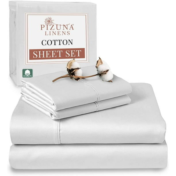 400 Thread Count Cotton Short Queen Sheets Set White, 100 Long Staple