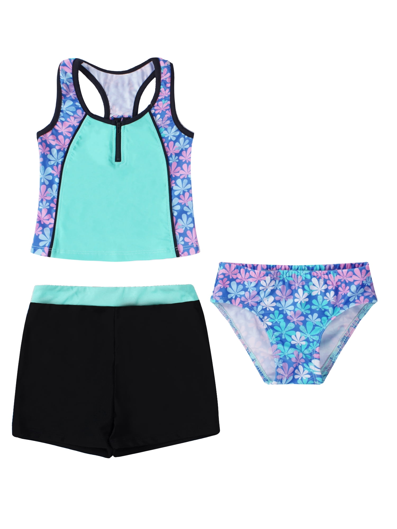 renvena Kids Girls 3 Piece Tankini Swimsuit Floral Print Top with Boyshorts Bottoms Bathing Suit