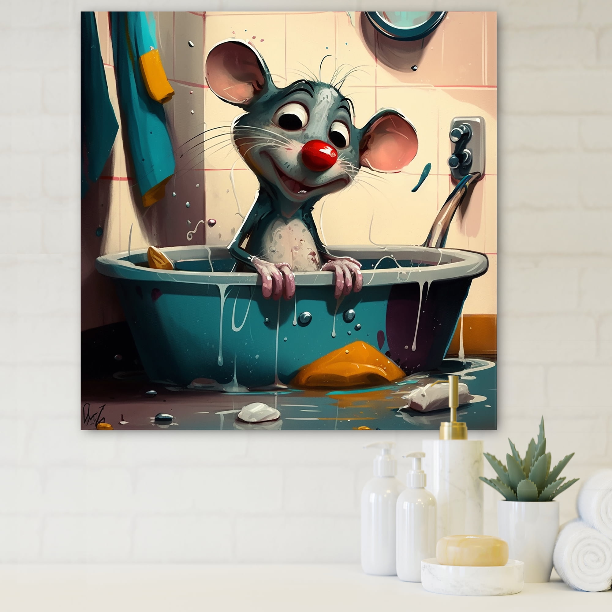 Designart Cute Mouse In The Bath II Canvas Wall Art
