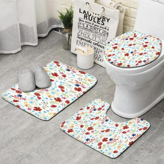 Pioneer Flower Floral Print Pattern Bathroom Rugs Sets 3 Piece,Toilet Cover Set,Absorbent Non Slip Bathroom Mats Sets with U-Shaped Contour Rug Toilet Rug Set